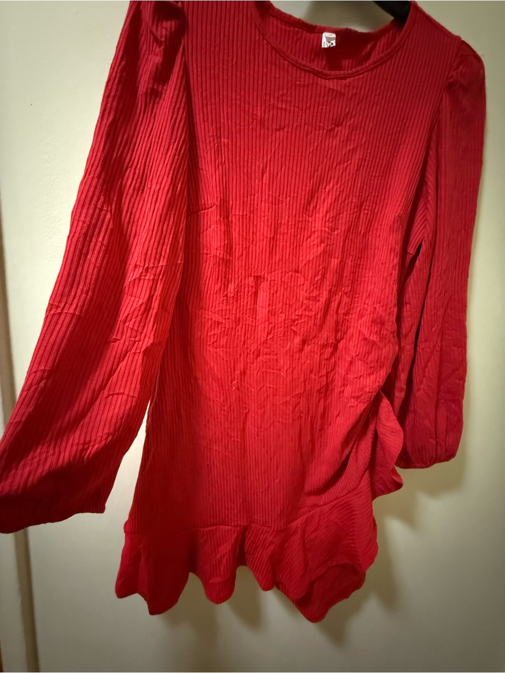 Ribbed Red Long-Sleeve Ruffle-Hem Tunic - Picture 3 of 9